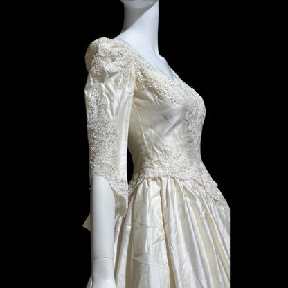 CHRISTOS Vintage 1980s wedding dress, custom white raw silk beaded basque waist gown