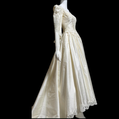 CHRISTOS Vintage 1980s wedding dress, custom white raw silk beaded basque waist gown