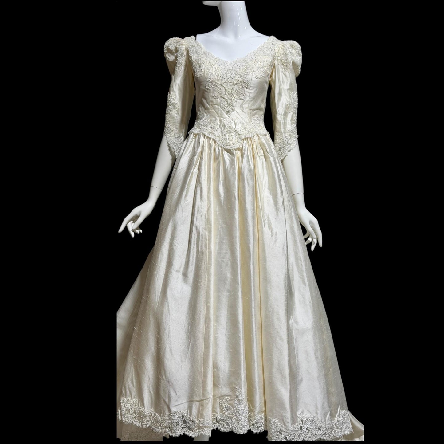 CHRISTOS Vintage 1980s wedding dress, custom white raw silk beaded basque waist gown