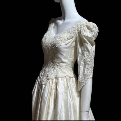CHRISTOS Vintage 1980s wedding dress, custom white raw silk beaded basque waist gown
