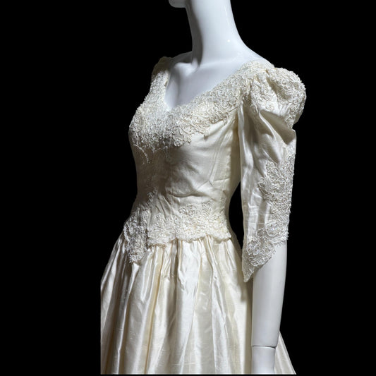 CHRISTOS Vintage 1980s wedding dress, custom white raw silk beaded basque waist gown
