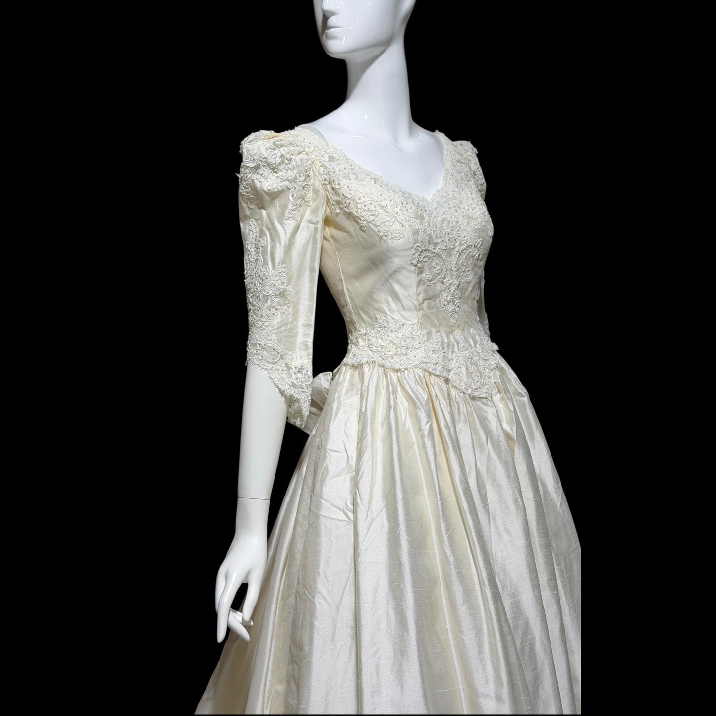 CHRISTOS Vintage 1980s wedding dress, custom white raw silk beaded basque waist gown