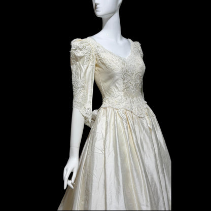 CHRISTOS Vintage 1980s wedding dress, custom white raw silk beaded basque waist gown