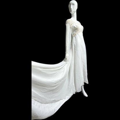 EDEN Bridals, vintage 1970s Wedding dress gown, White bell sleeve gown, Hippie Boho