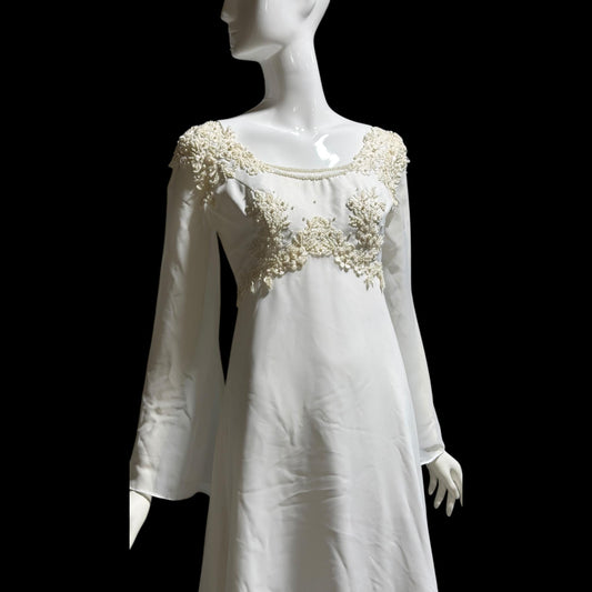 EDEN Bridals, vintage 1970s Wedding dress gown, White bell sleeve gown, Hippie Boho