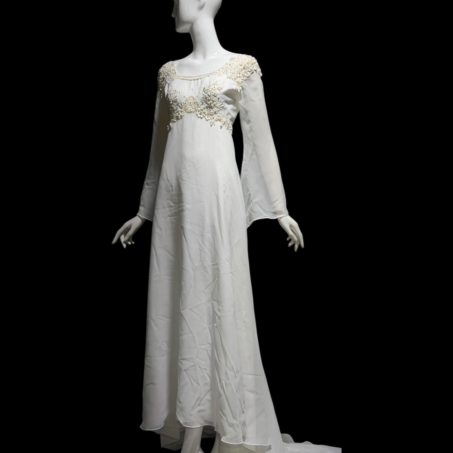 EDEN Bridals, vintage 1970s Wedding dress gown, White bell sleeve gown, Hippie Boho