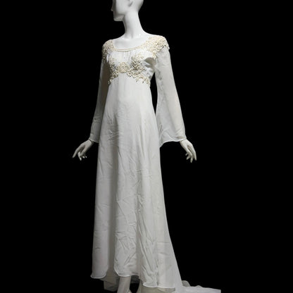 EDEN Bridals, vintage 1970s Wedding dress gown, White bell sleeve gown, Hippie Boho