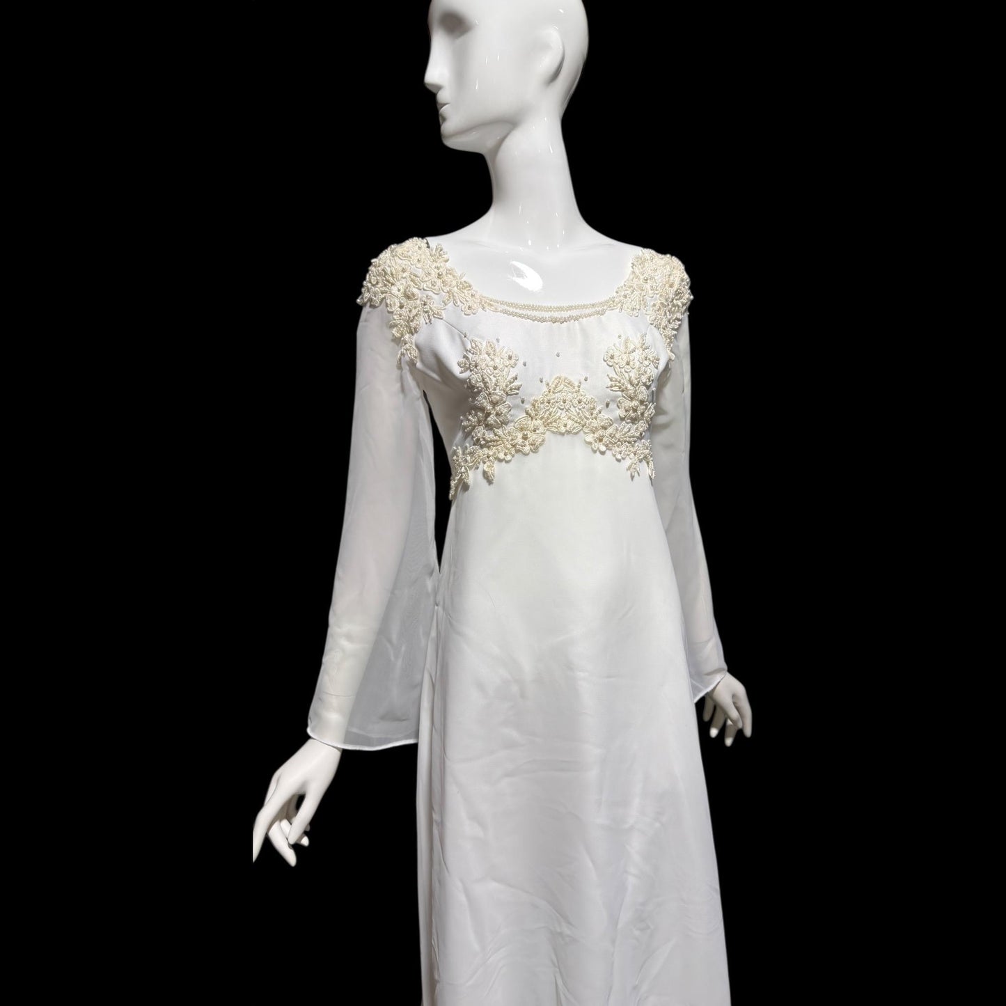 EDEN Bridals, vintage 1970s Wedding dress gown, White bell sleeve gown, Hippie Boho