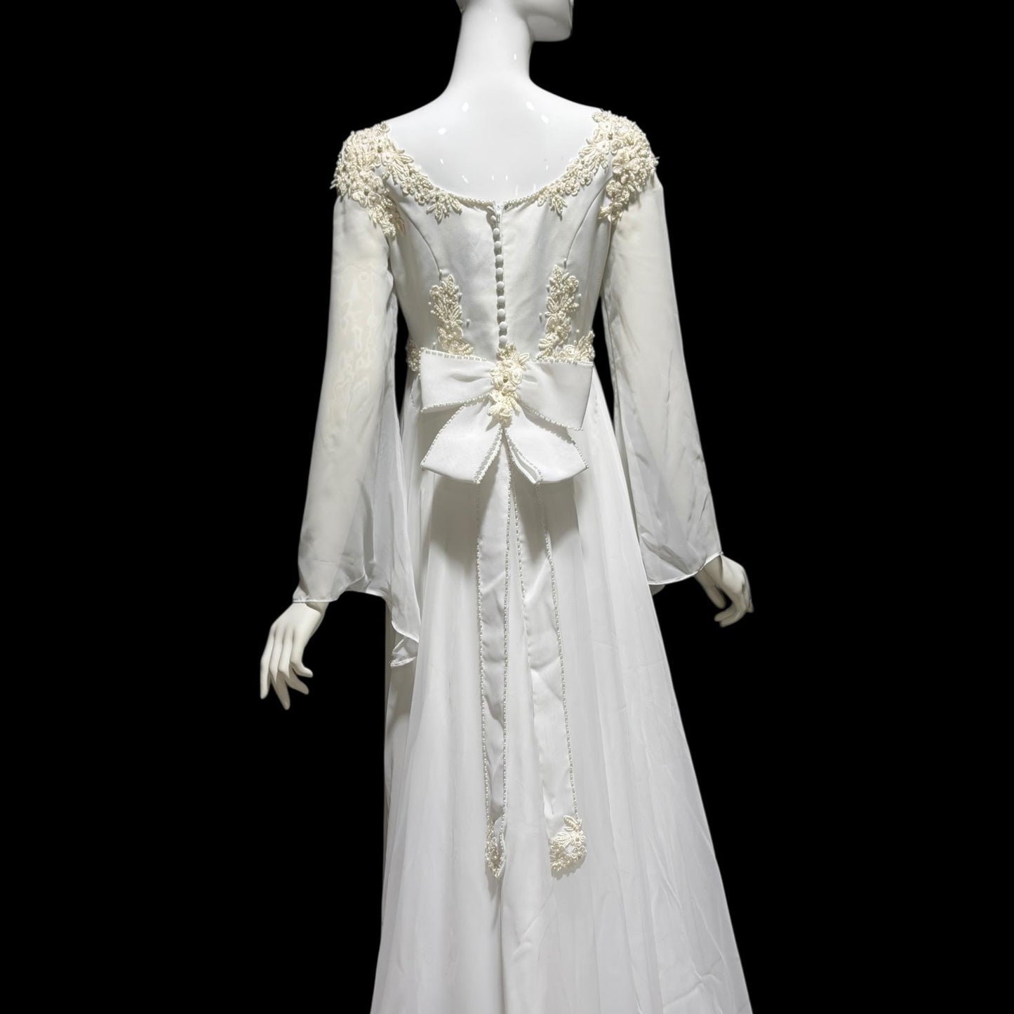 EDEN Bridals, vintage 1970s Wedding dress gown, White bell sleeve gown, Hippie Boho