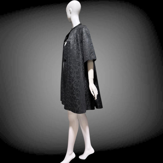 1950s Vintage evening swing coat, Black silk jacquard garland and bows opera coat