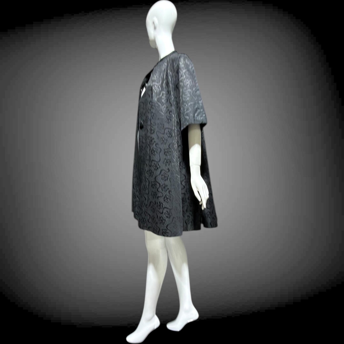 1950s Vintage evening swing coat, Black silk jacquard garland and bows opera coat