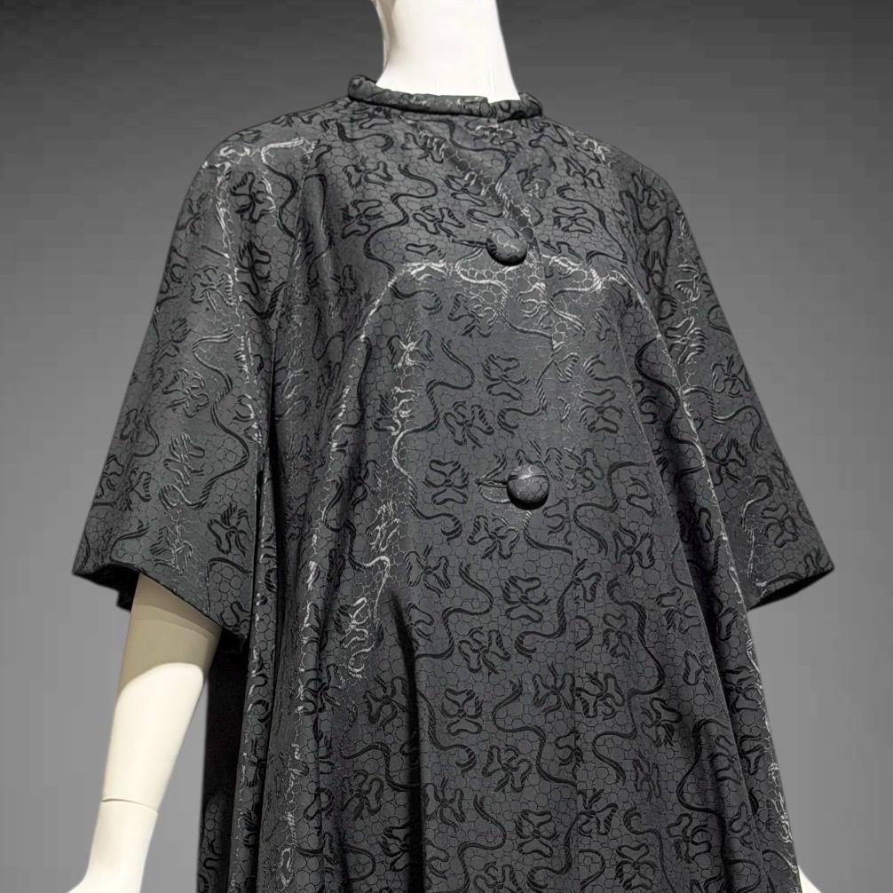1950s Vintage evening swing coat, Black silk jacquard garland and bows opera coat