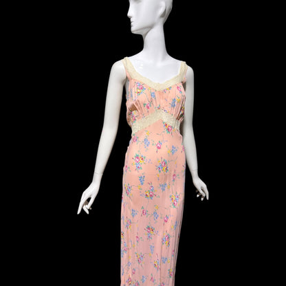 RADCLIFFE vintage 1940s Nightgown slip dress, Pink rose print floral Lingerie dress, bias cut rayon