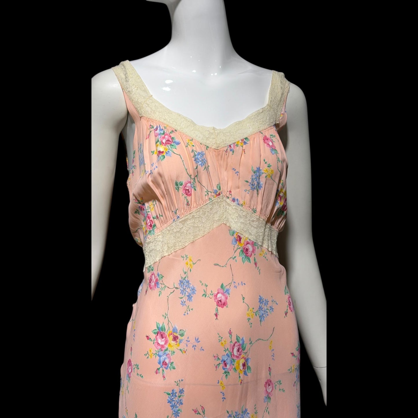 RADCLIFFE vintage 1940s Nightgown slip dress, Pink rose print floral Lingerie dress, bias cut rayon