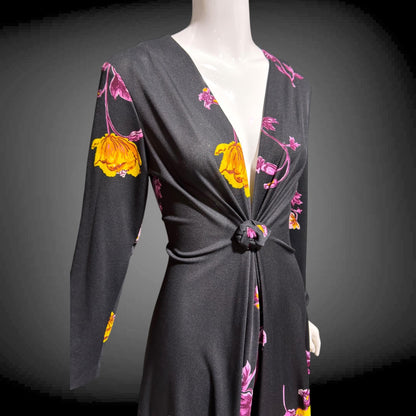 DON LUIS de espana vintage 1970s Maxi Dress, plunging V black floral jersey knit dress, stretchy