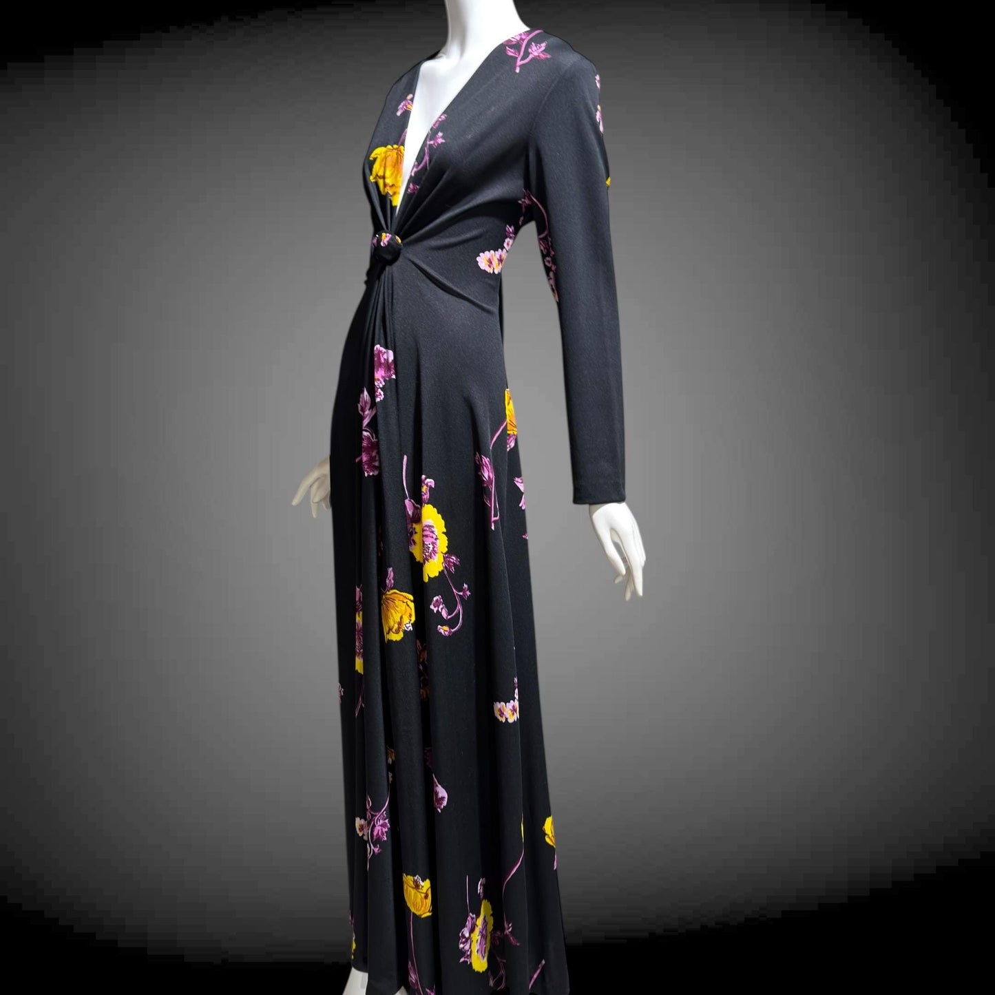DON LUIS de espana vintage 1970s Maxi Dress, plunging V black floral jersey knit dress, stretchy