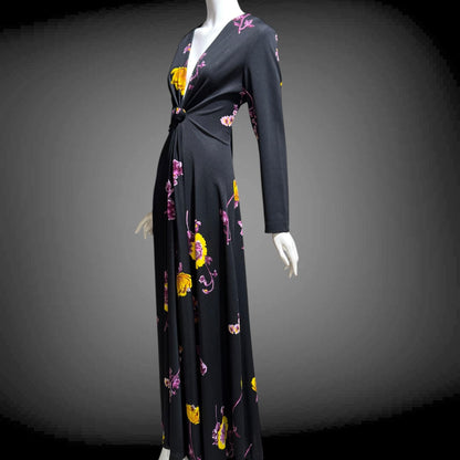 DON LUIS de espana vintage 1970s Maxi Dress, plunging V black floral jersey knit dress, stretchy