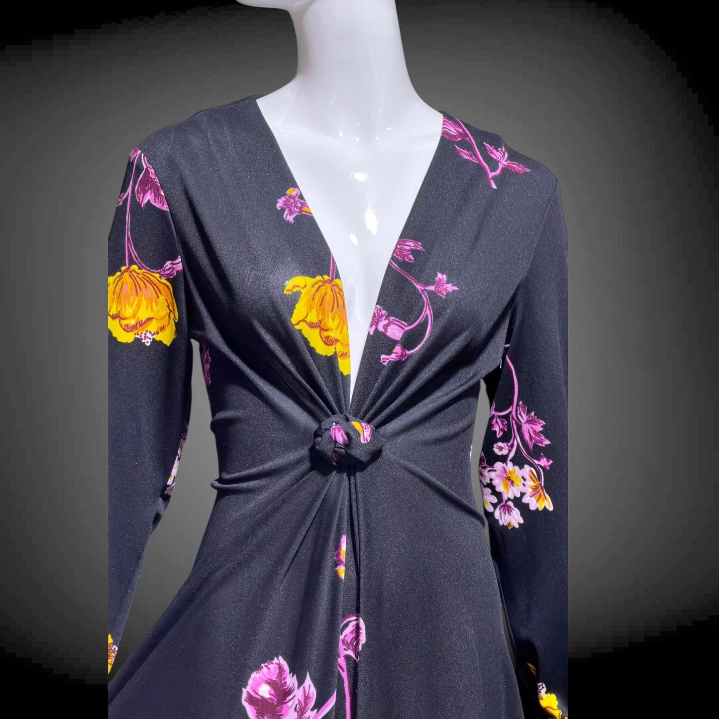 DON LUIS de espana vintage 1970s Maxi Dress, plunging V black floral jersey knit dress, stretchy