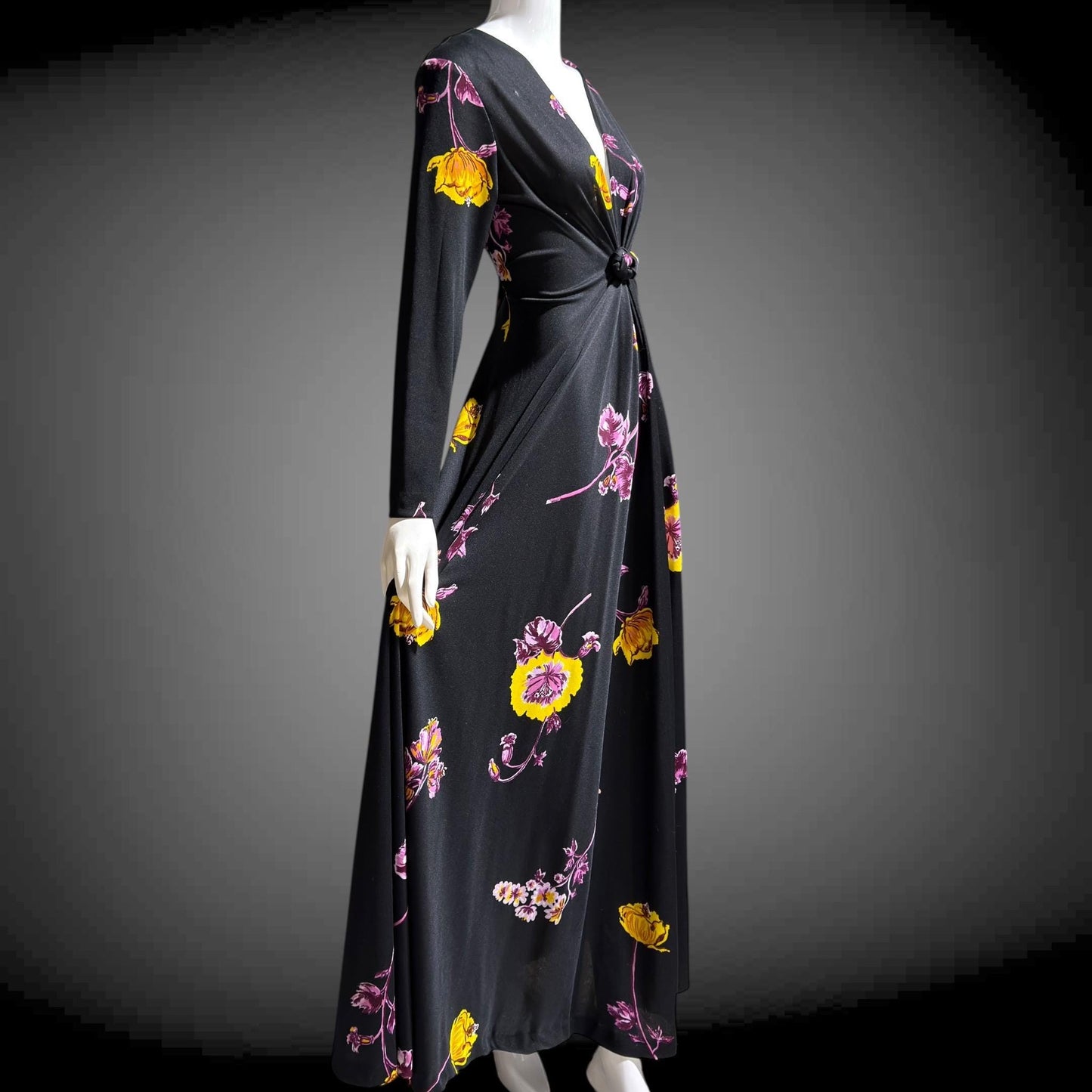 DON LUIS de espana vintage 1970s Maxi Dress, plunging V black floral jersey knit dress, stretchy