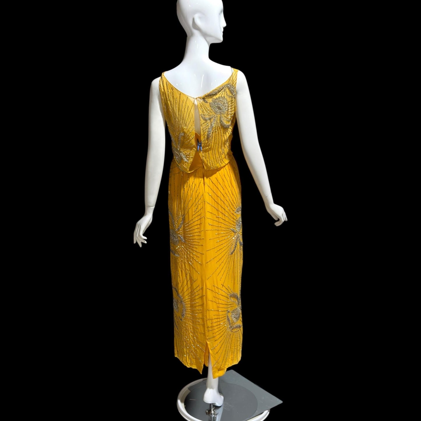 1960s vintage evening dress gown, Custom Made Marigold silk beaded Sheath Gown