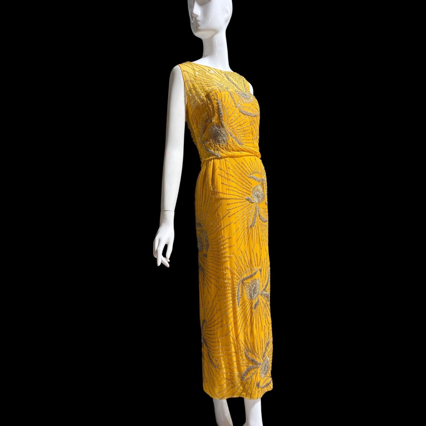 1960s vintage evening dress gown, Custom Made Marigold silk beaded Sheath Gown