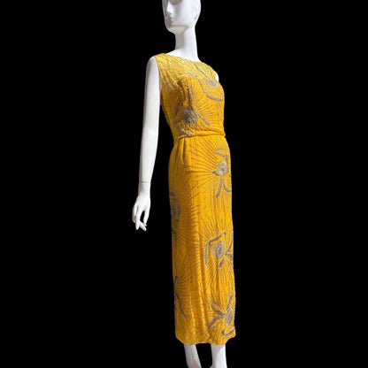 1960s vintage evening dress gown, Custom Made Marigold silk beaded Sheath Gown