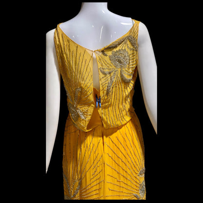 1960s vintage evening dress gown, Custom Made Marigold silk beaded Sheath Gown