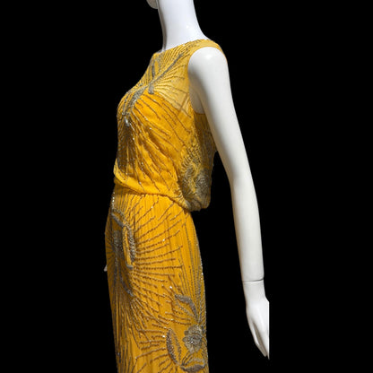 1960s vintage evening dress gown, Custom Made Marigold silk beaded Sheath Gown