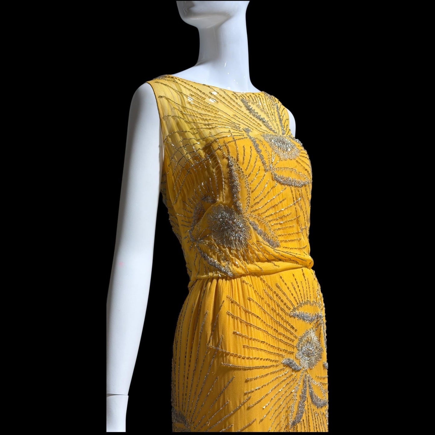 1960s vintage evening dress gown, Custom Made Marigold silk beaded Sheath Gown