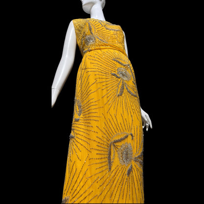 1960s vintage evening dress gown, Custom Made Marigold silk beaded Sheath Gown