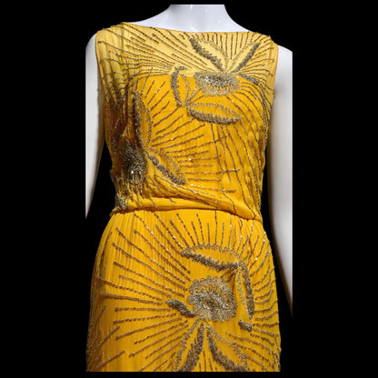 1960s vintage evening dress gown, Custom Made Marigold silk beaded Sheath Gown