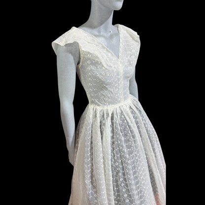 1940s vintage cocktail party dress, Sheer white fit flare ballet midi length gown