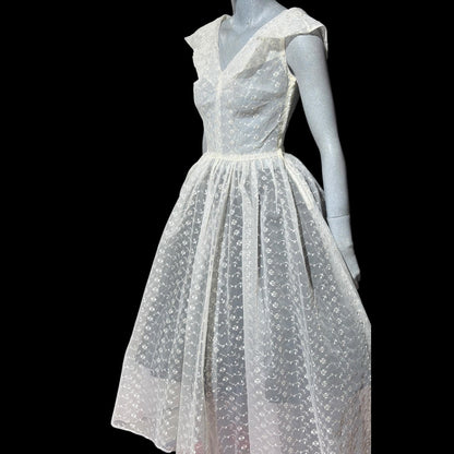 1940s vintage cocktail party dress, Sheer white fit flare ballet midi length gown
