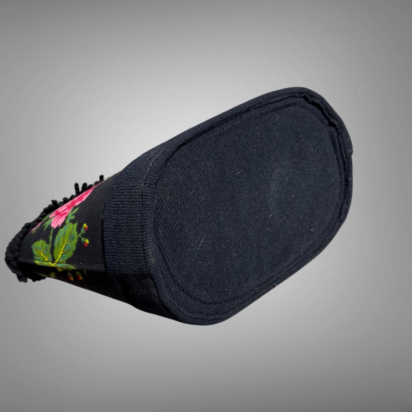 1950s vintage tote handbag purse, Black cotton fringe black with roses, top handle basket purse