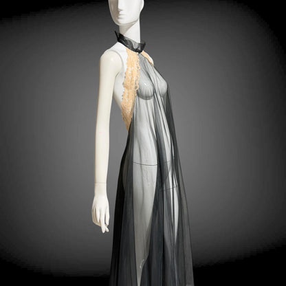 1960s Vintage nightgown sip dress, Completely sheer high neck black backless lingerie dress