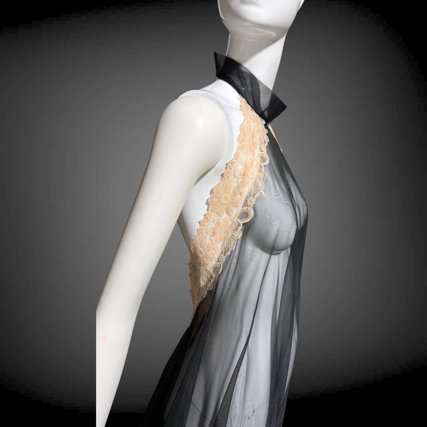1960s Vintage nightgown sip dress, Completely sheer high neck black backless lingerie dress
