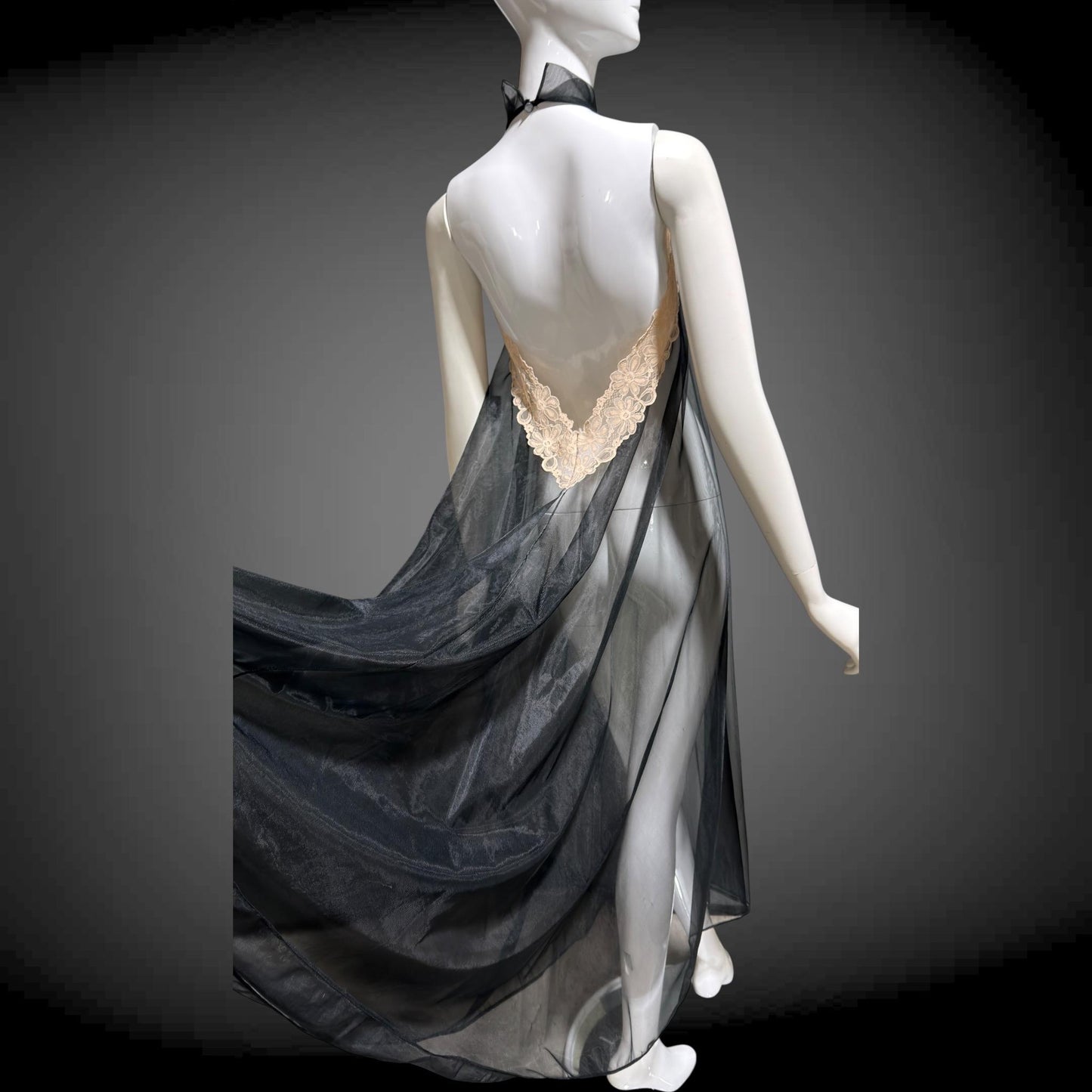 1960s Vintage nightgown sip dress, Completely sheer high neck black backless lingerie dress