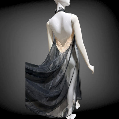 1960s Vintage nightgown sip dress, Completely sheer high neck black backless lingerie dress
