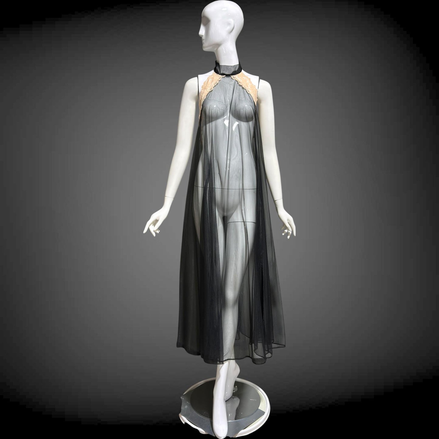 1960s Vintage nightgown sip dress, Completely sheer high neck black backless lingerie dress