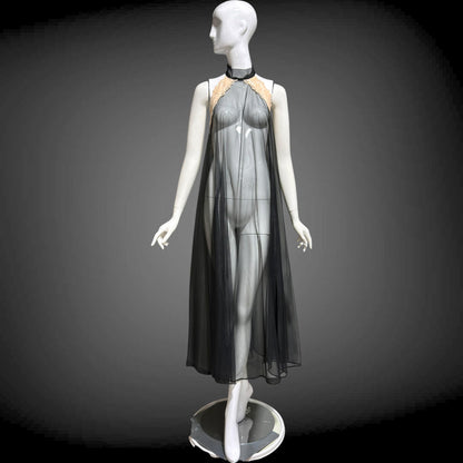 1960s Vintage nightgown sip dress, Completely sheer high neck black backless lingerie dress