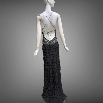 EMA SAVAHL Vintage Y2k evening dress gown, Black high low ruffle beaded cutout gown