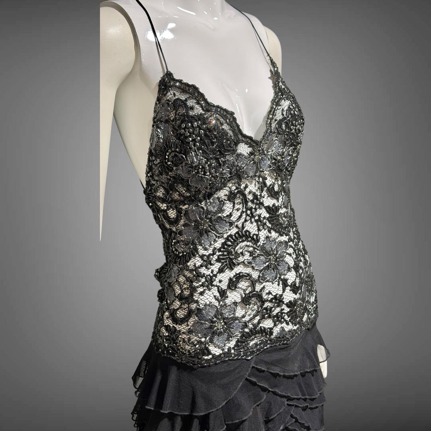 EMA SAVAHL Vintage Y2k evening dress gown, Black high low ruffle beaded cutout gown