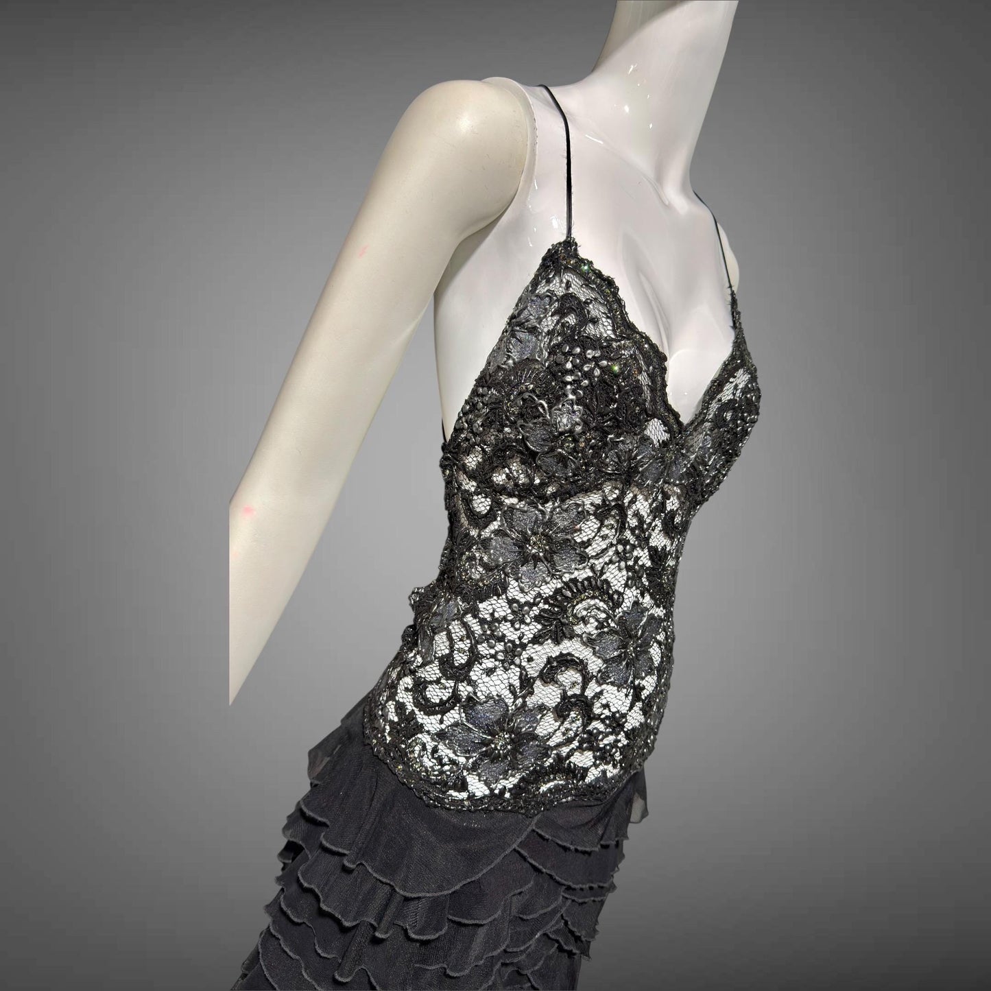 EMA SAVAHL Vintage Y2k evening dress gown, Black high low ruffle beaded cutout gown