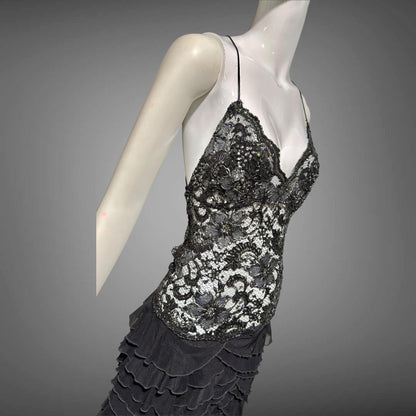 EMA SAVAHL Vintage Y2k evening dress gown, Black high low ruffle beaded cutout gown