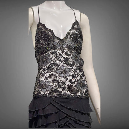 EMA SAVAHL Vintage Y2k evening dress gown, Black high low ruffle beaded cutout gown