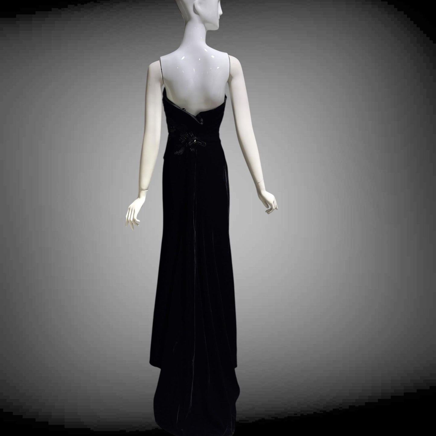 SAN CARLIN Vintage 1980s evening dress,  Black Velvet Beaded Strapless gown with train, Medium