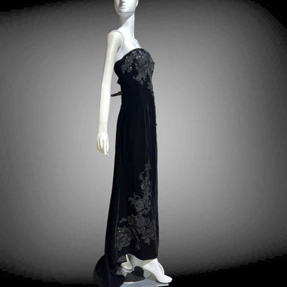 SAN CARLIN Vintage 1980s evening dress,  Black Velvet Beaded Strapless gown with train, Medium