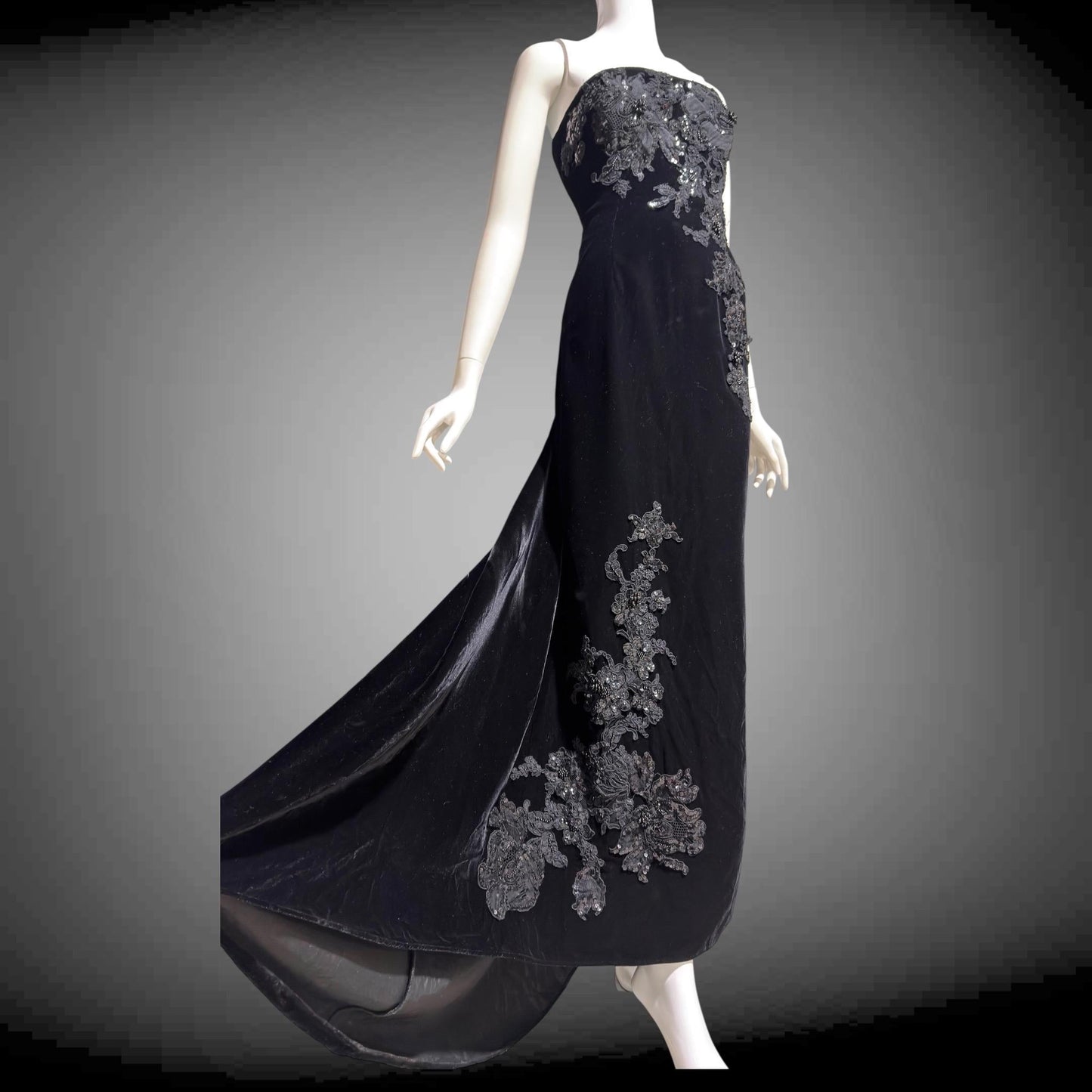 SAN CARLIN Vintage 1980s evening dress,  Black Velvet Beaded Strapless gown with train, Medium