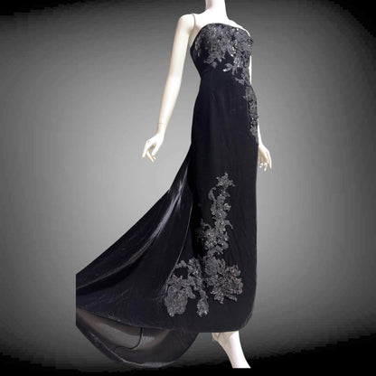 SAN CARLIN Vintage 1980s evening dress,  Black Velvet Beaded Strapless gown with train, Medium