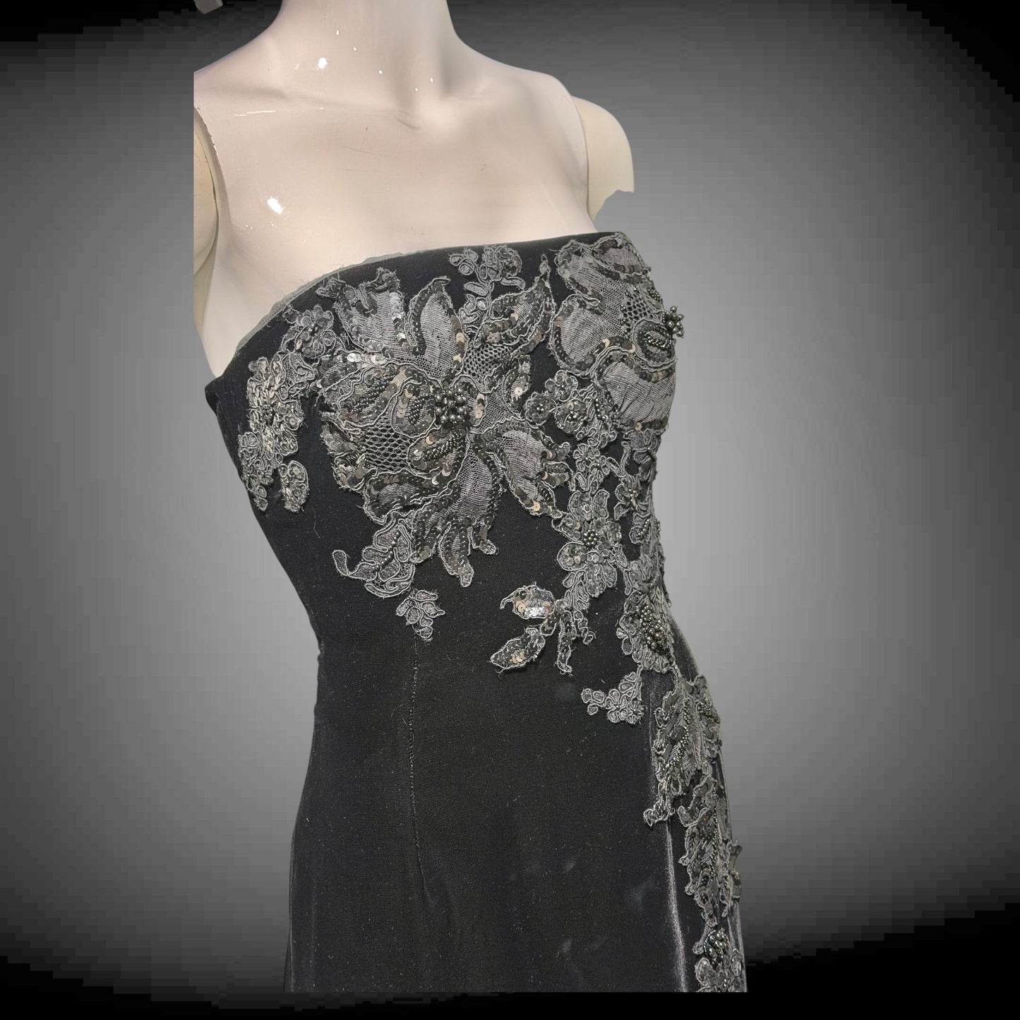 SAN CARLIN Vintage 1980s evening dress,  Black Velvet Beaded Strapless gown with train, Medium